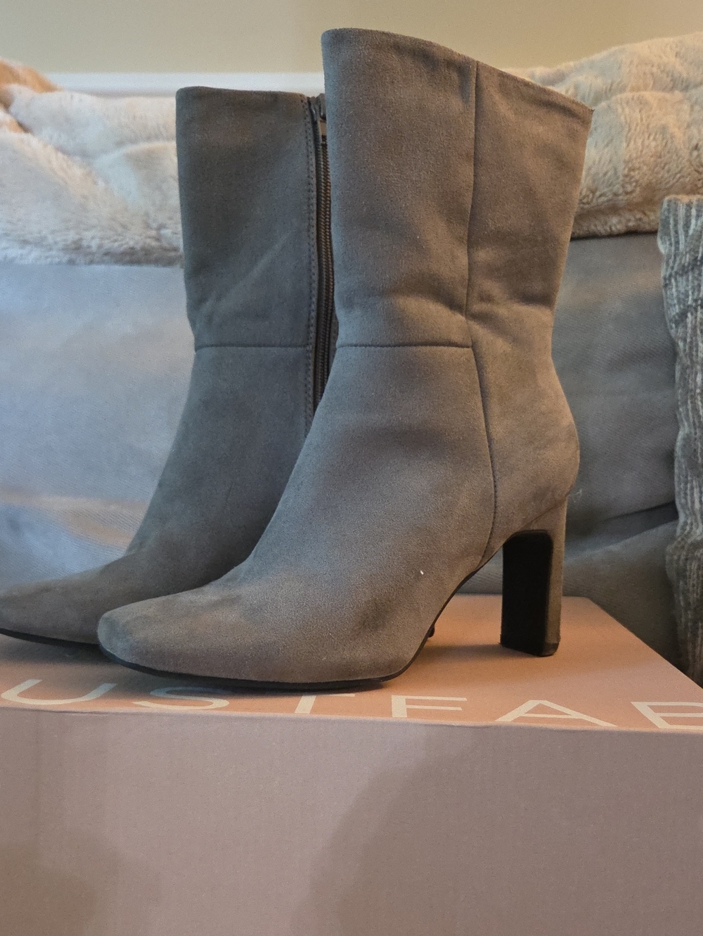 JustFab Gray Suede Mid-Calf Block Heel Boots